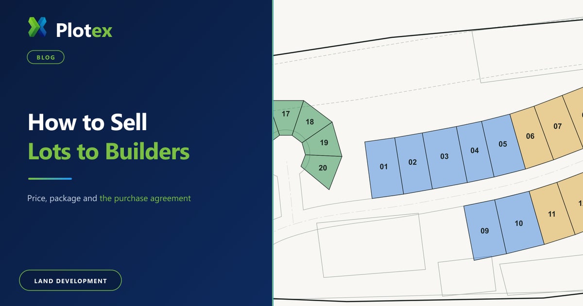 Sample subdivision plat with lots shaded by builder takedown: one cul-de-sac closed to Builder A, a row under contract to Builder B, and the rest open to builders