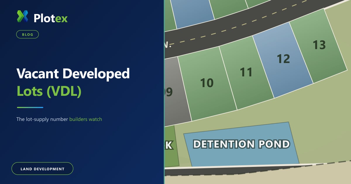 Illustrated subdivision plat showing a row of numbered lots along a street beside a detention pond