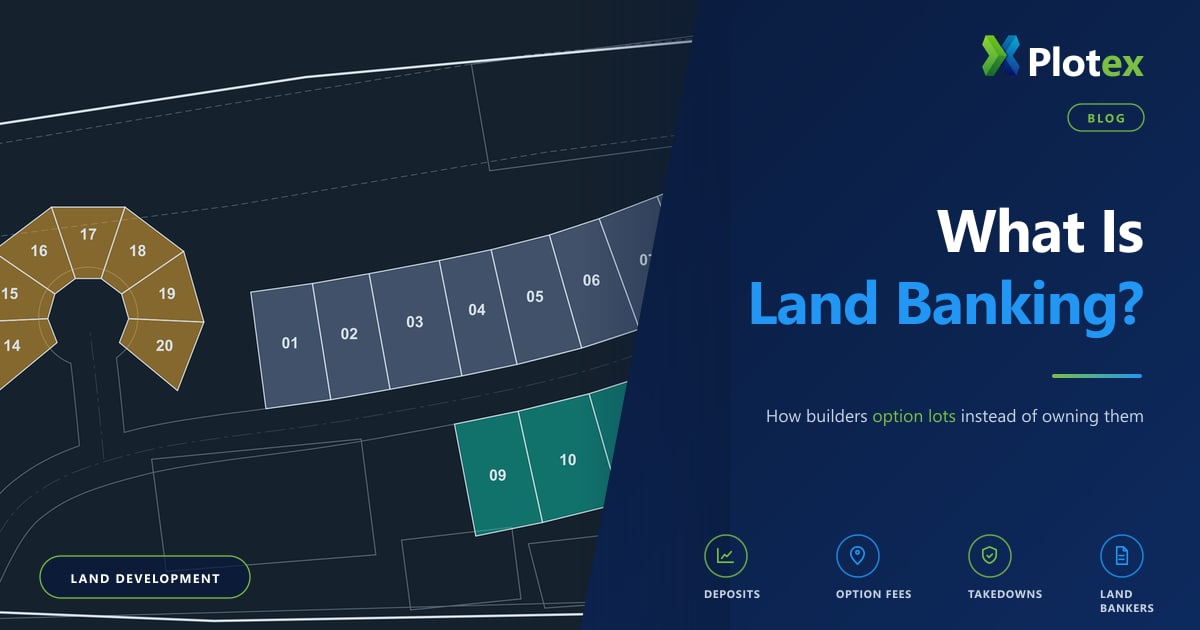 Sample subdivision plat on dark slate with lots colored by option status: taken down by the builder, optioned for the next takedown, and still owned by the land banker